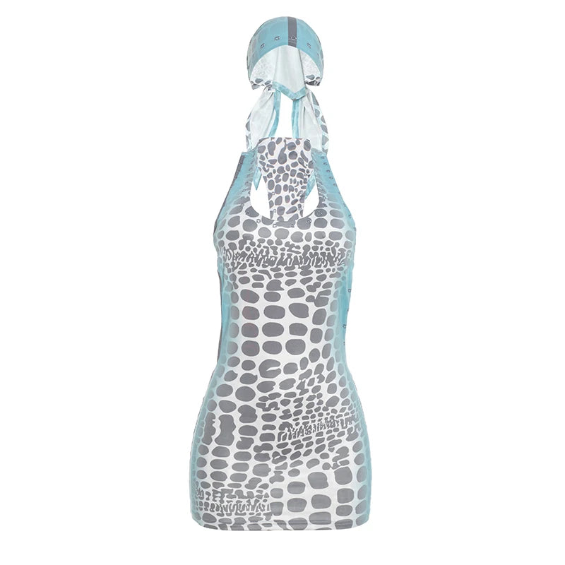 Polka Dot Patchwork Dress+Bandage Headscarf Woman Low-Neck Backless Skinny Peach Hip High Street Fashion Mini Bodycon