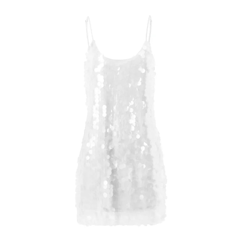 Minimalist Sequins Spaghetti Strap Mini Dress Women Sparkly U Neck Versatile Evening Wedding Guest Club Short Dress