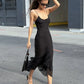 Ruffles Irregular Hem Maxi Dress Women Low-Neck Sleeveless Solid Skinny Simple Classic Summer High Street Vestidos
