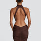 Halter High Neck Sexy Mini Dress Women Elegant Draped Ruched Waist Cutout Bodycon Cocktail Club Party Dress Fashion