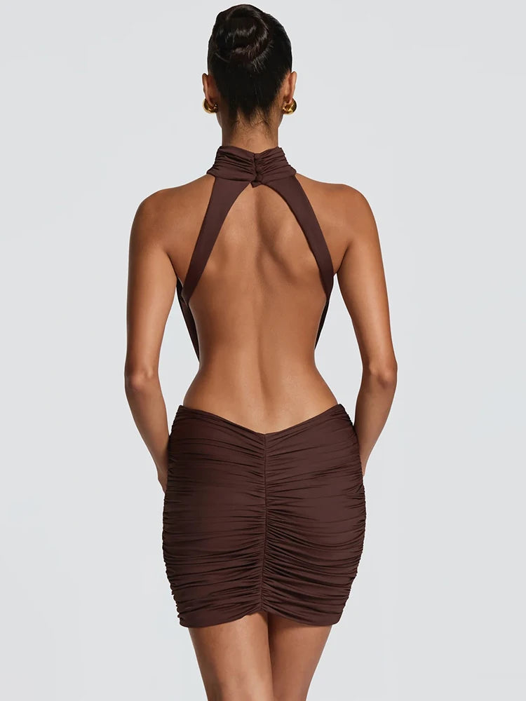 Halter High Neck Sexy Mini Dress Women Elegant Draped Ruched Waist Cutout Bodycon Cocktail Club Party Dress Fashion