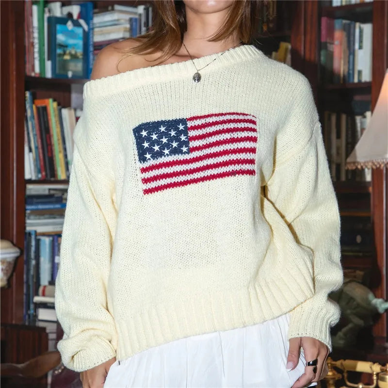 Off Shoulder American Flag Knit Sweater for Women Long Sleeve Oversized Fit Casual Streetwear Pullover for Fall Winter