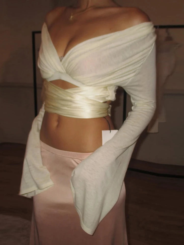 v-Neck t-Shirt Women Bandage Tassel Full Flare Sleeve Solid Off-Shoulder Sexy Elasticity Midnight Party Streetwear