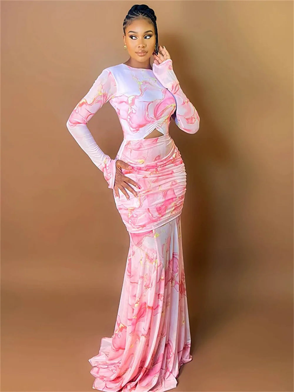 Gradient Dress Women Elegant Mesh Chic O-Neck Full Sleeve Hollow Ruched Peach Hip Holiday Beach Party Stretch Bodycon