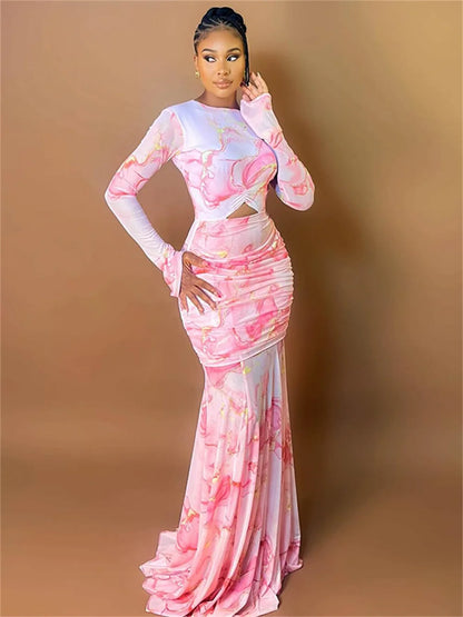 Gradient Dress Women Elegant Mesh Chic O-Neck Full Sleeve Hollow Ruched Peach Hip Holiday Beach Party Stretch Bodycon