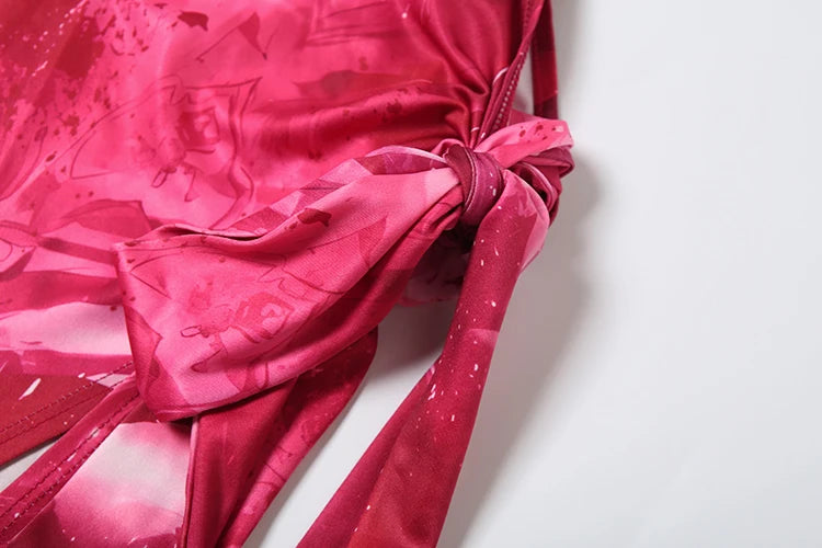 Flower Print Dress Women Backless Waistless Cross Lace-Up Halter Side Slit Patchwork Midnight Clubwear Party Vestidos