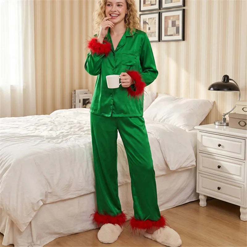 Women Satin Feather Trim Pajama Set Lapel Button Front Long Sleeve Shirt + Long Pants Christmas Loungewear Sleepwear Set