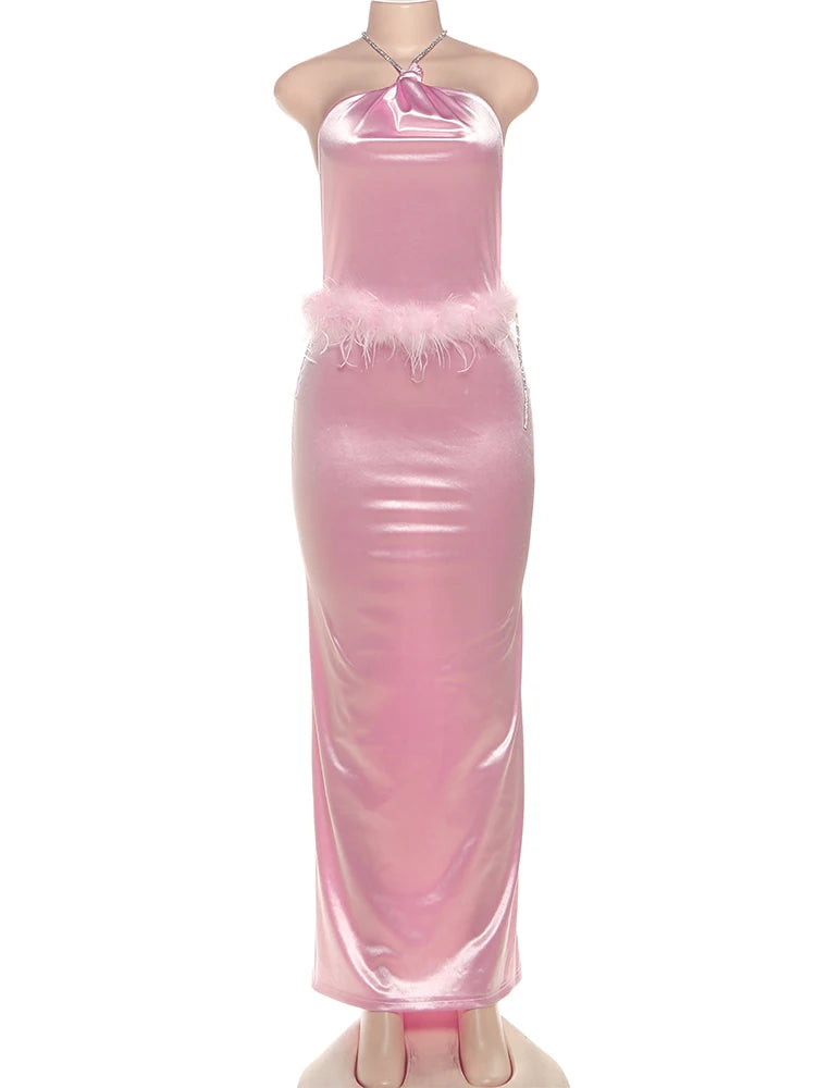 Satin Feather Waist Dress Women Y2K Sexy Sleeveless Backless Tassel Rhinestones Split Banquet Party Clubwear Vestidos