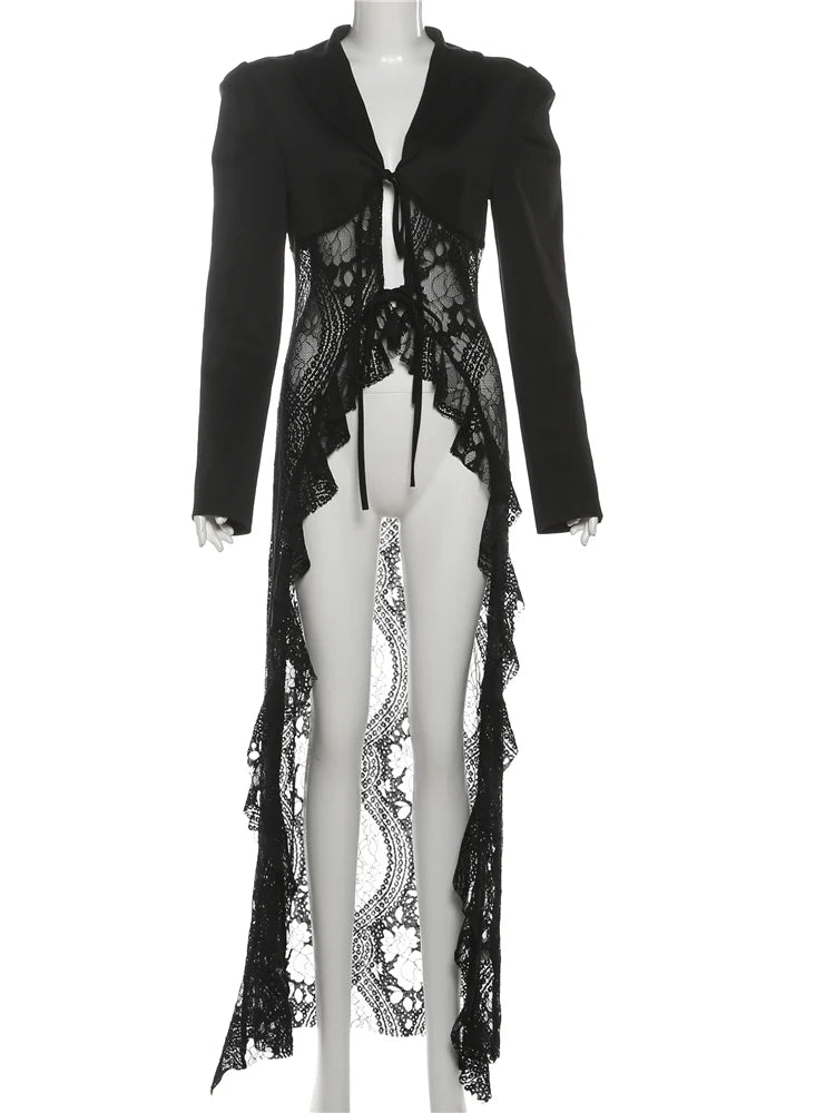 Patchwork Lace Long Coat Women Bandage v-Neck Full Sleeve Ruffles Sexy Hipster High Street Autumn Classic Elegant Tops