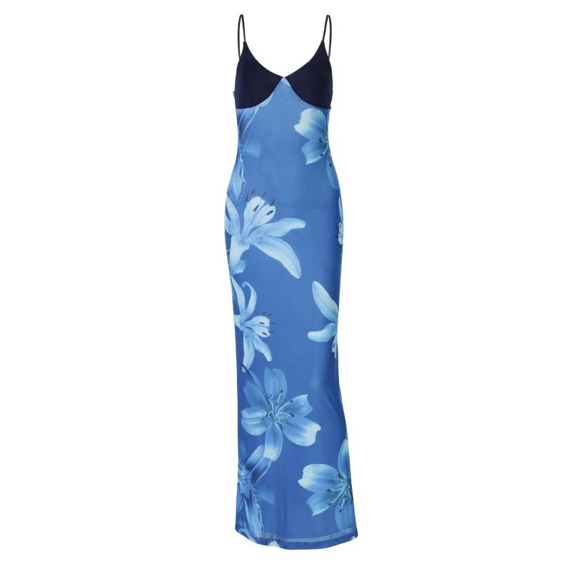 Blue Flower Mesh Elegant Summer Dresses Woman Resort Wear Sexy Spaghetti Strap V-neck Backless Long Dresses