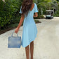 Women Light Blue Midi Dress Deep V Neck Short Sleeve Ruched Waist Asymmetrical Hem Bodycon Dresses Party Club Outfits