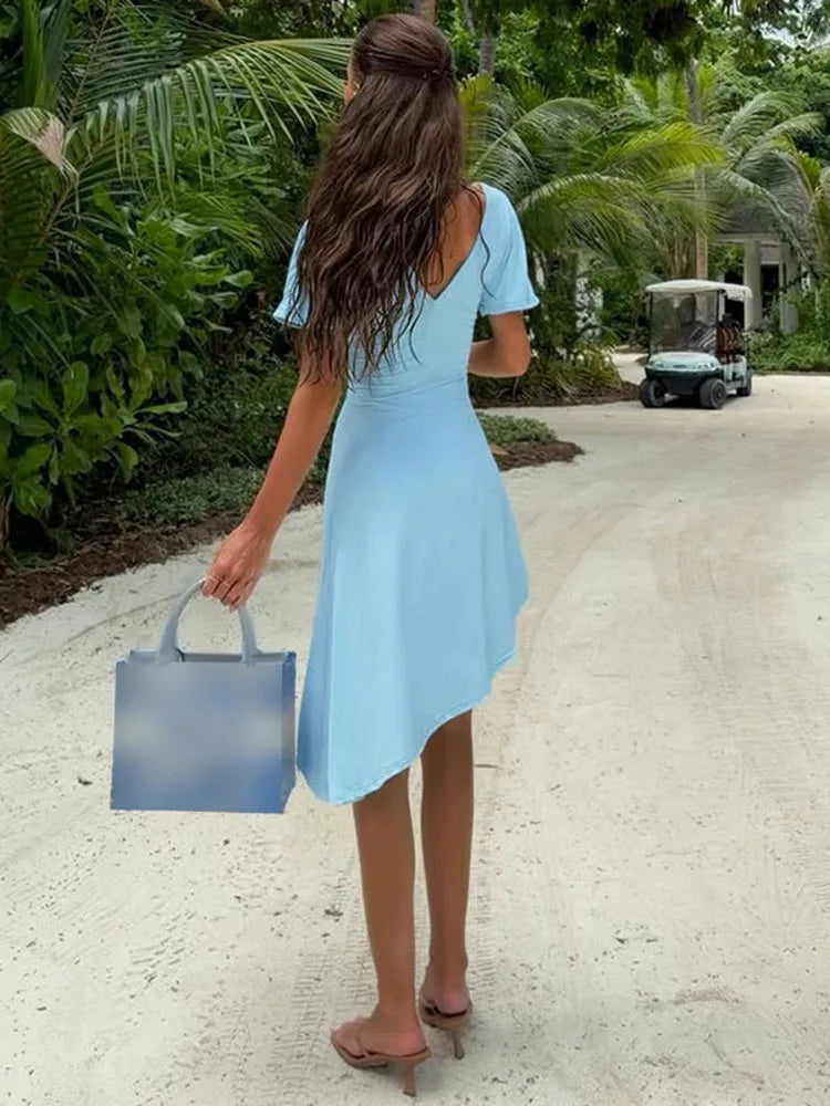 Women Light Blue Midi Dress Deep V Neck Short Sleeve Ruched Waist Asymmetrical Hem Bodycon Dresses Party Club Outfits