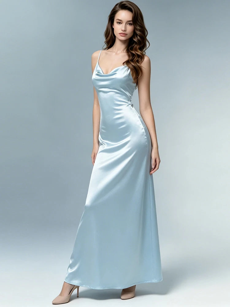 Backless Bead Patchwork Satin Dress Women Elegant Swing Collar Sleeveless Trend Fashion Classic Party Club Bodycon