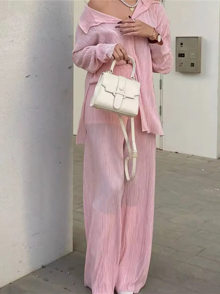 Pleated Loungewear Set Woman 2 Pieces Summer Long Sleeve Button Shirt Trousers Casual Women's Workout Clothing Outfits
