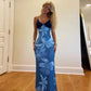 Blue Flower Mesh Elegant Summer Dresses Woman Resort Wear Sexy Spaghetti Strap V-neck Backless Long Dresses