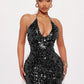 Sequins Halter Glitter Dress Women Y2K Sexy Low-Neck Sleeveless Bandage Coquette Midnight Party Club Skinny Bodycon