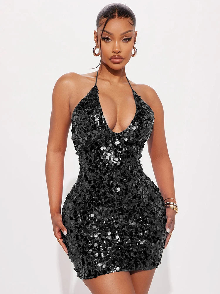 Sequins Halter Glitter Dress Women Y2K Sexy Low-Neck Sleeveless Bandage Coquette Midnight Party Club Skinny Bodycon