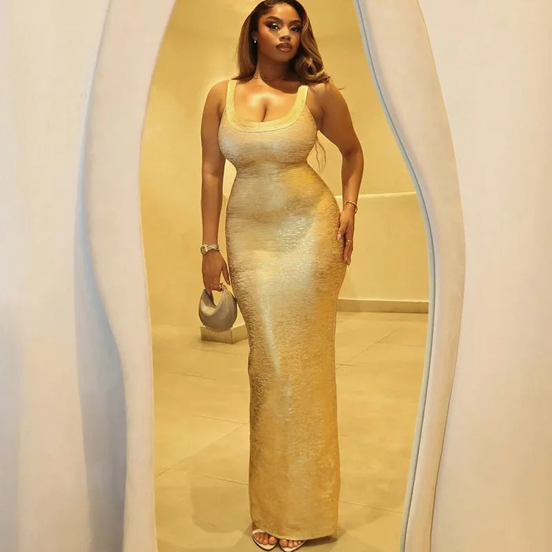 Gold Metallic Sleeveless Backless Bandage Maxi Dress for Woman Sexy Birthday Dresses Luxury 2026 Elegant