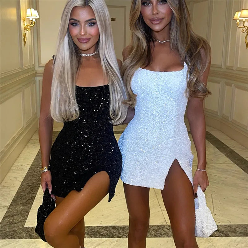 Shiny Sequins Square Collar Bodycon Mini Dress Elegant Split Solid Party Dress Womens Sexy Sleeveless Slim Short Dress