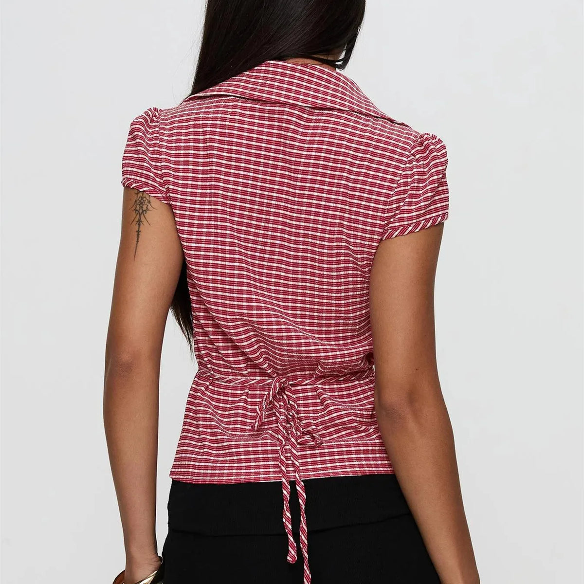 Women's Basic Button Down Shirts Cap Sleeve Lapel Collar Tight Blouse Tie Up Back Slim Fit Tops Summer Office Shir