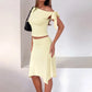 Women 2 Piece Outfits Off Shoulder Tie Side Crop Top Midi Skirt Solid Slim Bodycon Matching Set Summer Party Co Ord Set