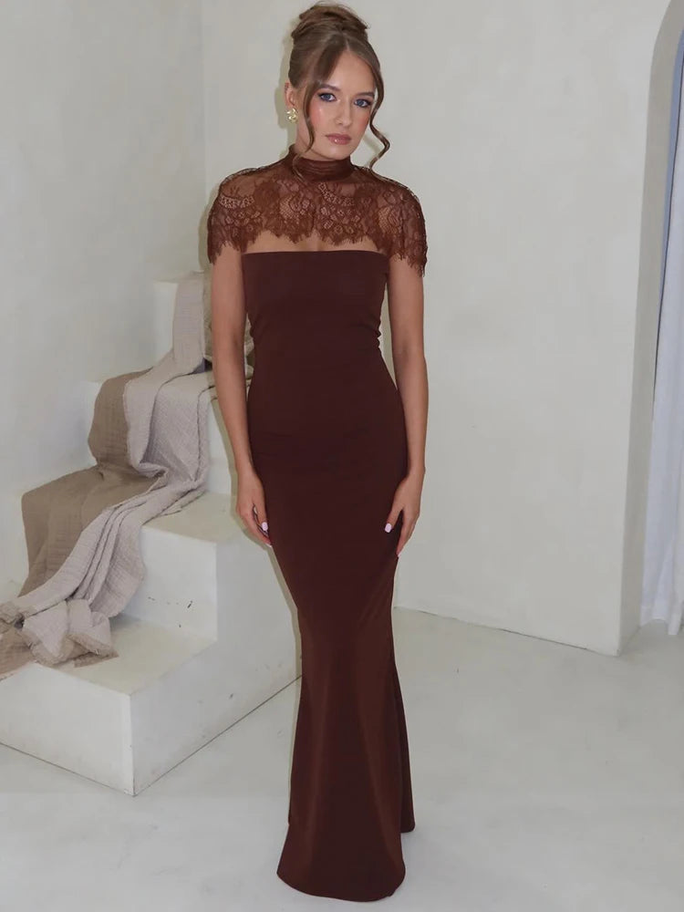 Women Lace Cape Strapless Mini Dress Elegant High Neck Lace Trim Sleeveless Backless Ruched Bodycon Club Party Dress