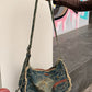 Y2K Vintage Denim Crossbody Bag with Star Print, Frayed Grunge Shoulder Bag for Women, Retro Streetwear Tote Handbag