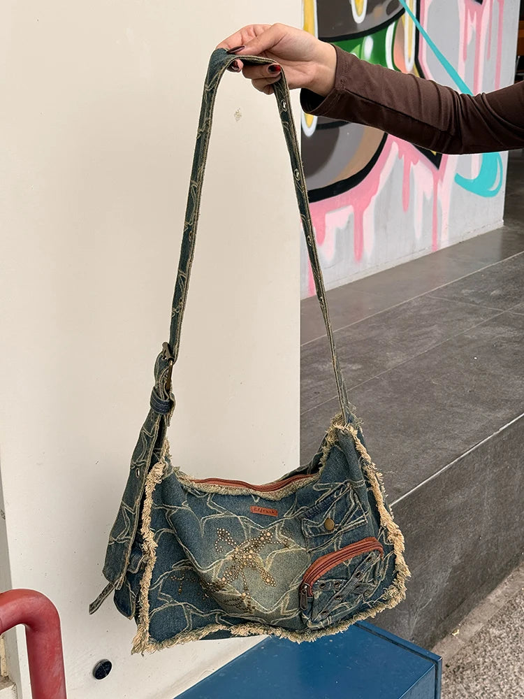 Y2K Vintage Denim Crossbody Bag with Star Print, Frayed Grunge Shoulder Bag for Women, Retro Streetwear Tote Handbag