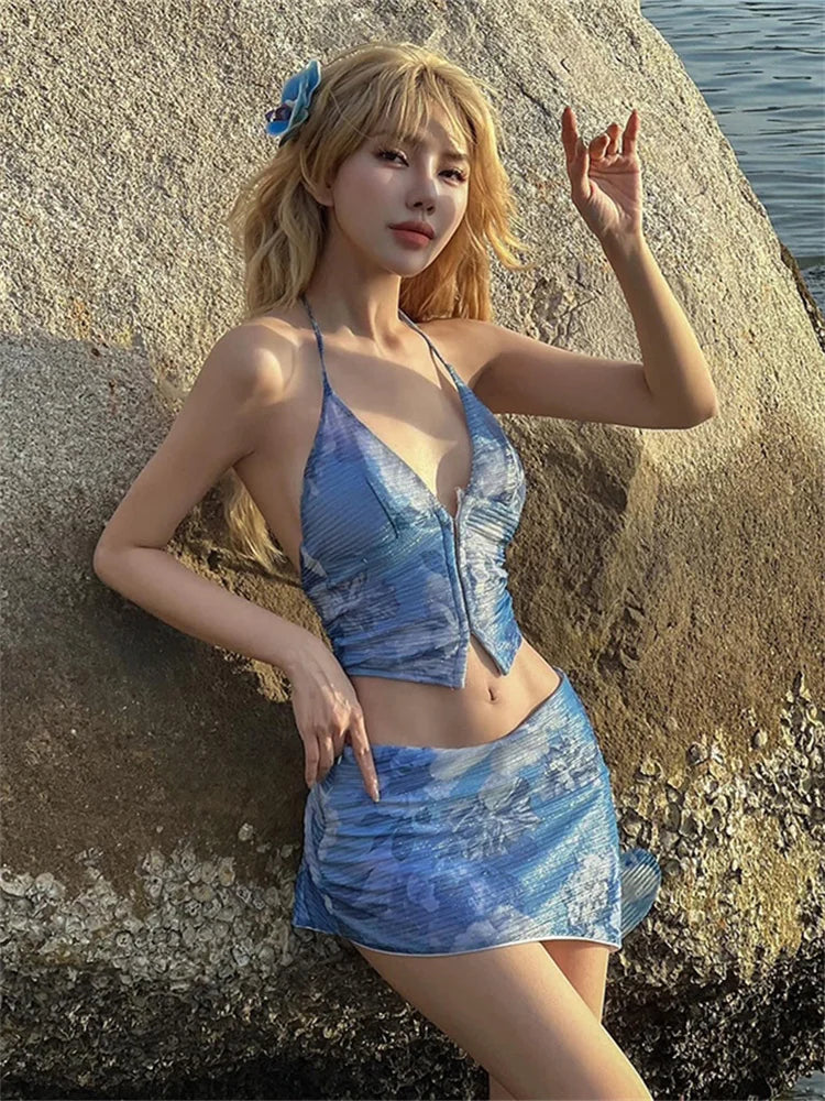 Sexy Glitter 2 Piece Set Women Y2K Sequins Halter V-Neck Backless Tops+Side Tassel Skirts Beach Party Matching Suits