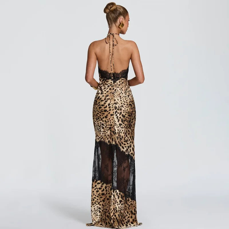 Leopard Print Satin Lace Patchwork Evening Dresses 2026 Sexy Elegant Halter Backless Maxi Dress