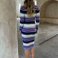 Stripe Patchwork Knit Dress Women Skinny Long Sleeve Lapel V-Neck Sexy Stretchy Skinny Peach Hip Commute Mid Bodycon