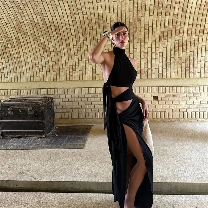 Sexy Asymmetrical Black Dress Party Tie Up Hollow Out Halter Backless Split Long Dresses for Woman