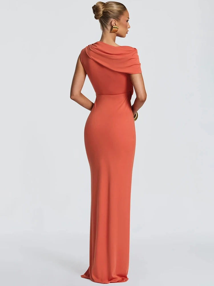 Cut Out One Shoulder Sexy Maxi Dress Women Elegant Draped Bodycon Evening Gown Club Party Long Formal Cocktail Dress