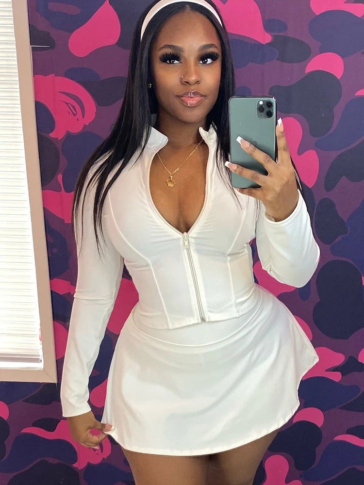 Y2K Solid Style 2 Piece Set Women Zipper Cardigan Full Sleeve Tops+Ruched Mini Skirts Daily Casual Simple Streetwear