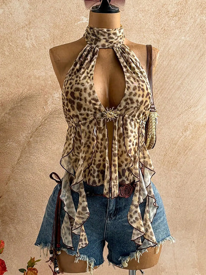 Hollow Irregular Hem Sexy Print Backless Top Women Hottie Halter Bandages Metal Buckle Fashion Midnight Vacation Vest