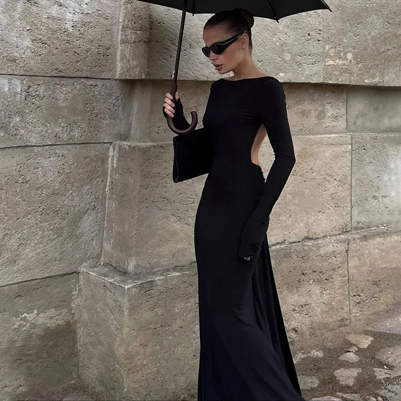 Chain Backless Long Sleeve Maxi Dress Black Prom Gowns Elegant Sexy Evening Party Dresses for Woman