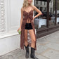 Women Spaghetti Strap Lace Maxi Cover Up Cami Dress Front Tie Ruffle Trim Sheer Long Kimono Summer Beach Vacation Outfit