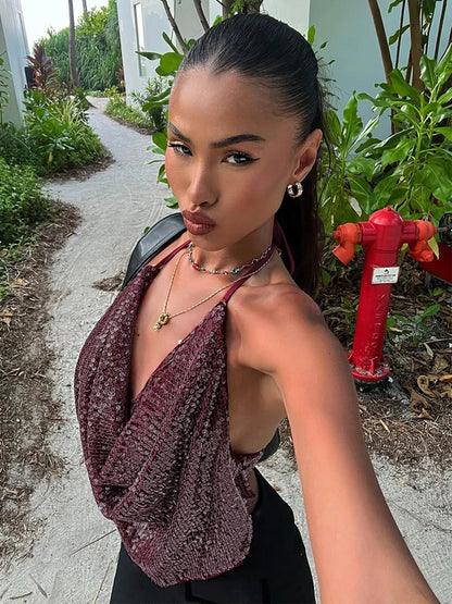 Y2K Sequins Sexy Camisole Women Backless Swing Collar Glitter Beach Vacation Wild Midnight Club Summer Trend Vest