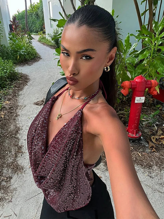 Y2K Sequins Sexy Camisole Women Backless Swing Collar Glitter Beach Vacation Wild Midnight Club Summer Trend Vest