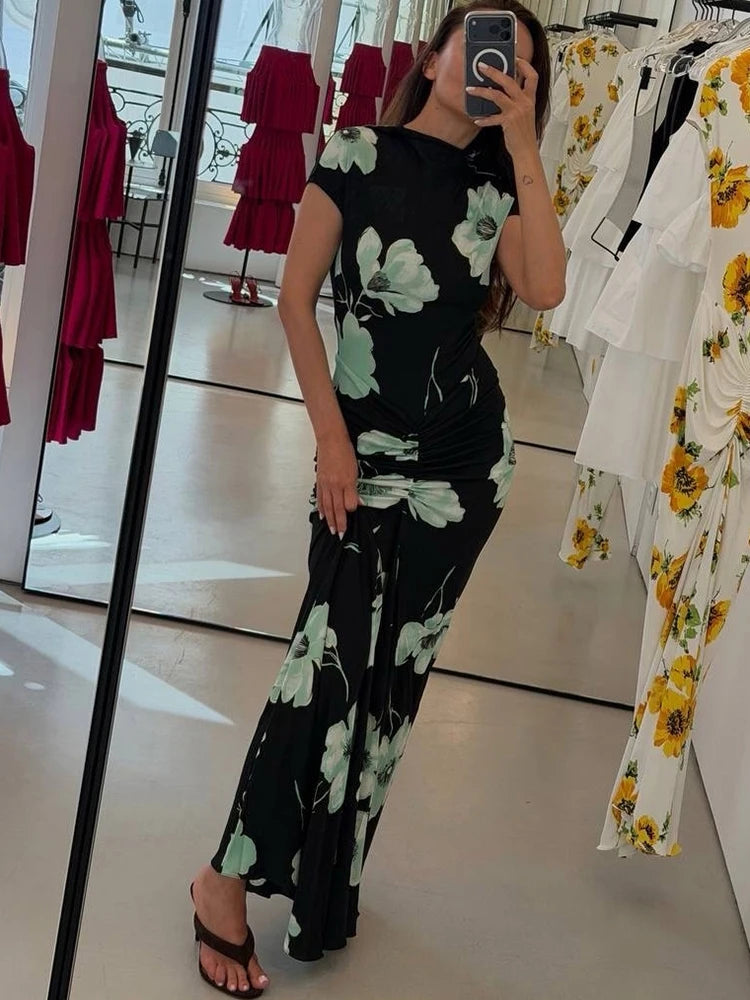 Casual Elegant Long Dress Woman Summer Trend Floral Print o-Neck Short Sleeve Vacation Basic Style High Waist Bodycon