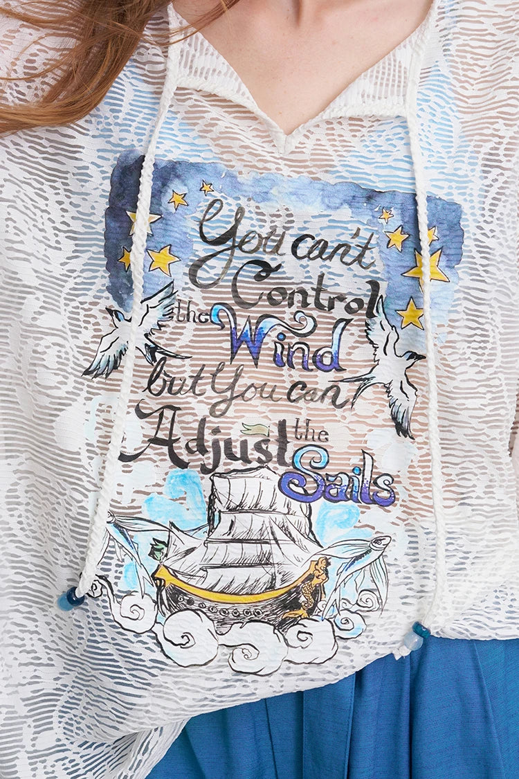 Lace Knit Sheer Long Sleeve Top, V-Neck Sailboat Print Blouse
