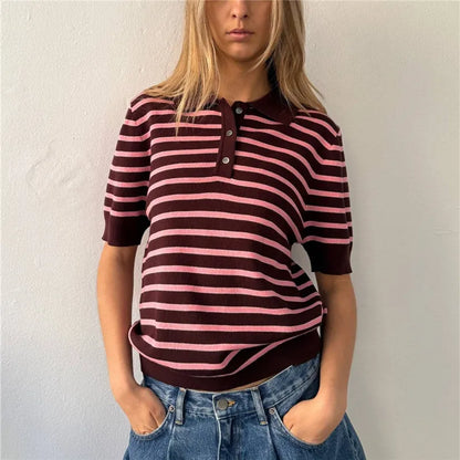 Women Summer Striped Knit Top Short Sleeve Button Casual Knitted T Shirt Vintage Contrast Stripe Basic Pullover