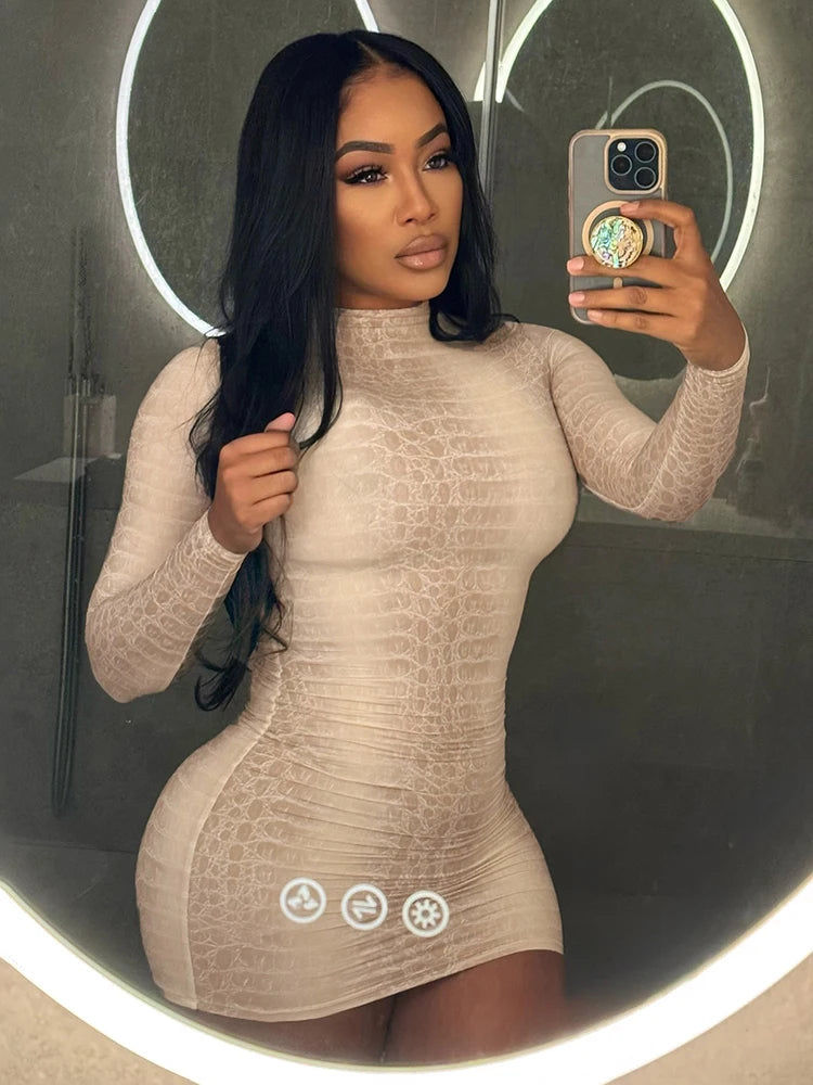 Hottie Snake Pattern Dress Women Winter Trend Full Sleeve Sexy Street Midnight Activity Stretch Skinny Mini Bodycon