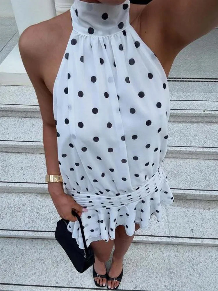 Polka Dot Backless Sexy Mini Dress Women Elegant White Turtleneck Off-shoulder Sleeveless Ruffle Club Party Dresses