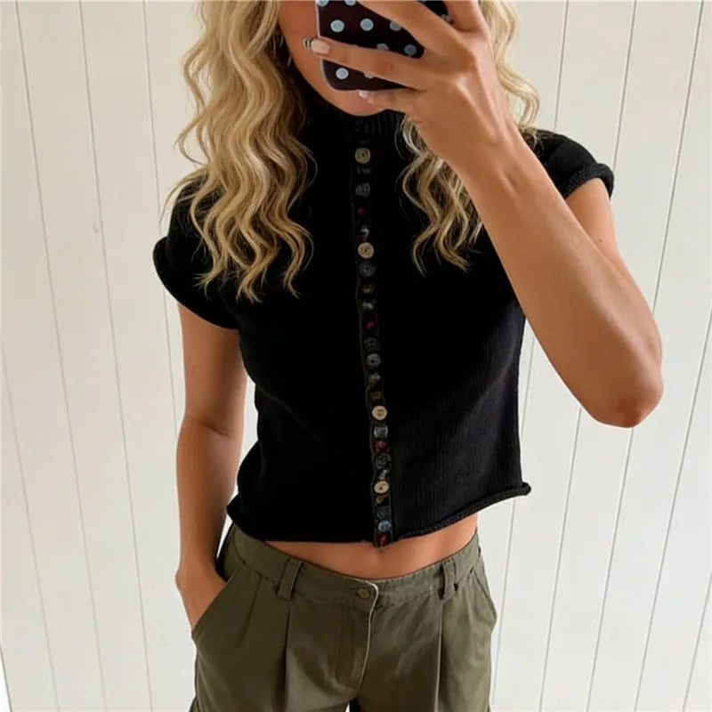 Women's Slim Fit Lightweight Sweater Shirt Elegant Colorful Button Down Short Sleeve Mock Neck Knit Cardigan Streetwear