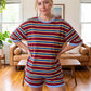 Striped Two Piece Outfit Women Contrast Trim Oversized Short Sleeve Tee And Elastic Waist Shorts Casual Loungewear Set