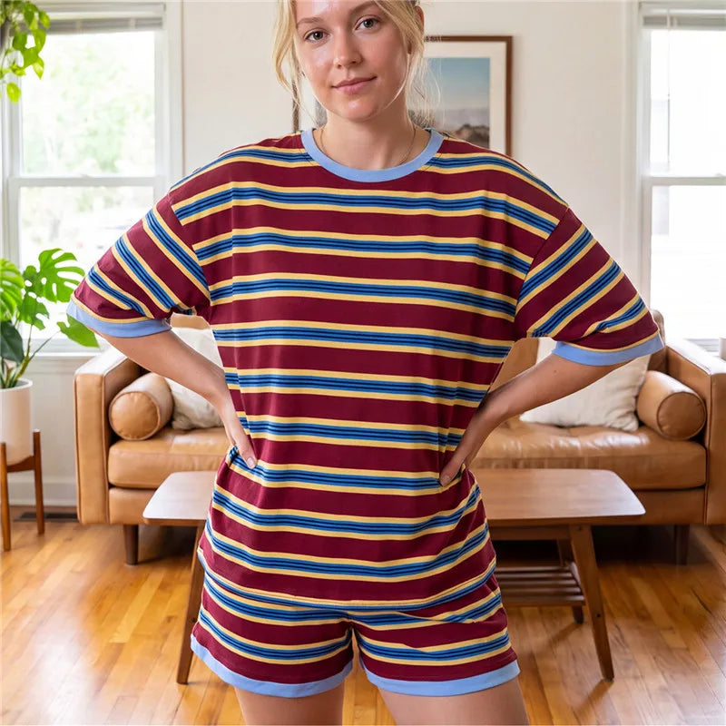 Striped Two Piece Outfit Women Contrast Trim Oversized Short Sleeve Tee And Elastic Waist Shorts Casual Loungewear Set