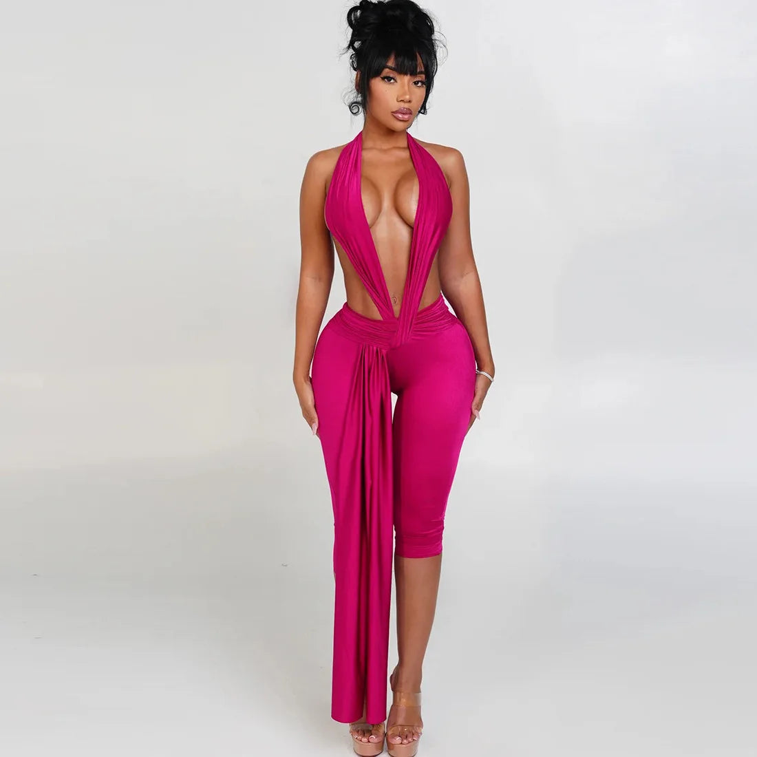 Sexy Women Bodycon Jumpsuit Solid Color Sleeveless Deep V Halter Neck Backless Bodysuit Midnight Activity Slim Playsuits