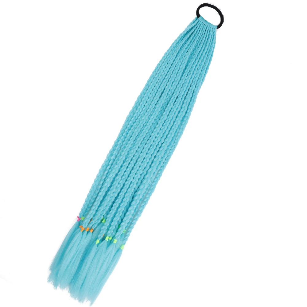 Synthetic 24inch Girls Colored Box Braided Ponytail With Elastic Rubber Band Hair Extensions Rainbow Color Box Pigtail Hairpiece