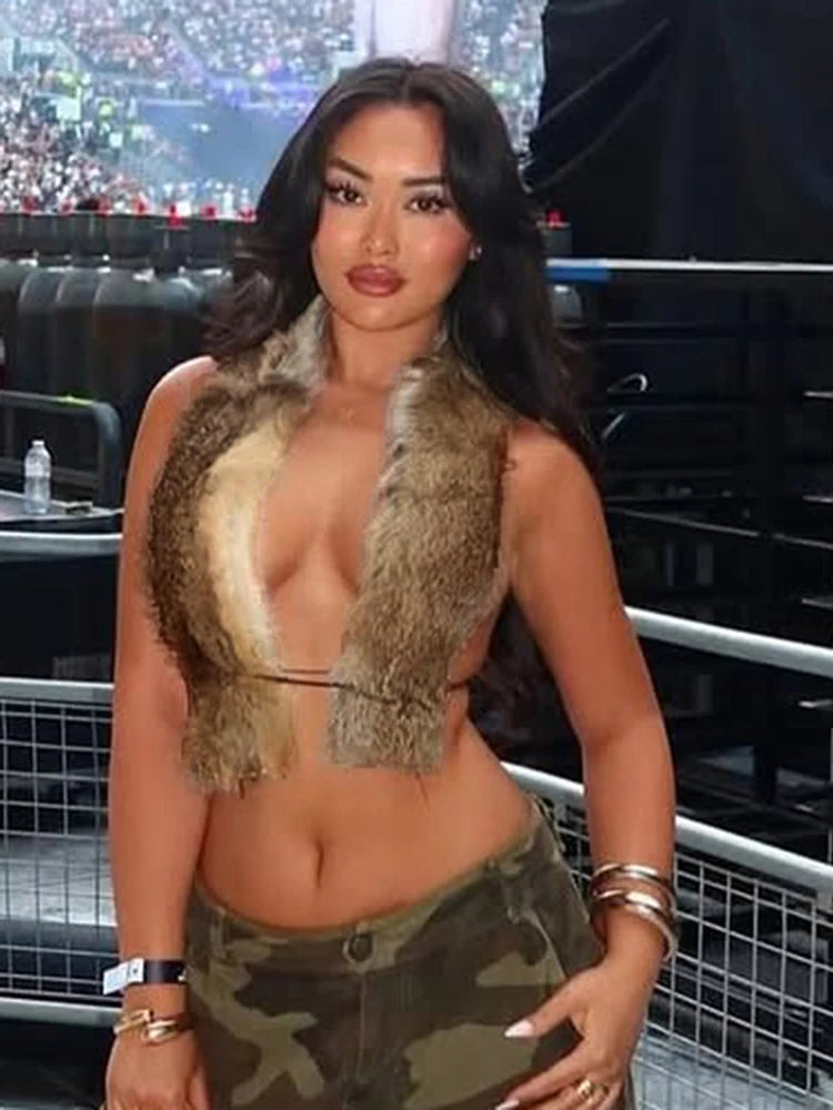 Furry Patchwork Tank Tops Women Sexy Fashion Halter Cleavage Lace-Up Backless Hot Girls High Street Wild Style Vest